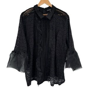 Eloquii Black Sheer Blouse Ruffle Trim size 24 NWT Statement Sleeves